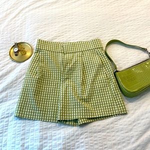 Zara High Waisted Gingham Green Shorts. Size S. Perfect Condition Cotton Viscose